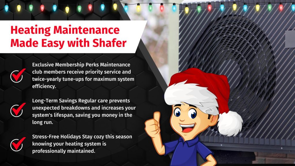 This is an image of a heat pump with the Shafer mascot overlaid. The headline reads; Heating maintenance made easy with shafer.